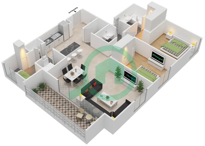 المخططات الطابقية لتصميم الوحدة 2.1 BLOCK-A شقة 2 غرفة نوم - بارك بوينت Floor 2,4,6,8
Units-202,402,602,802 interactive3D