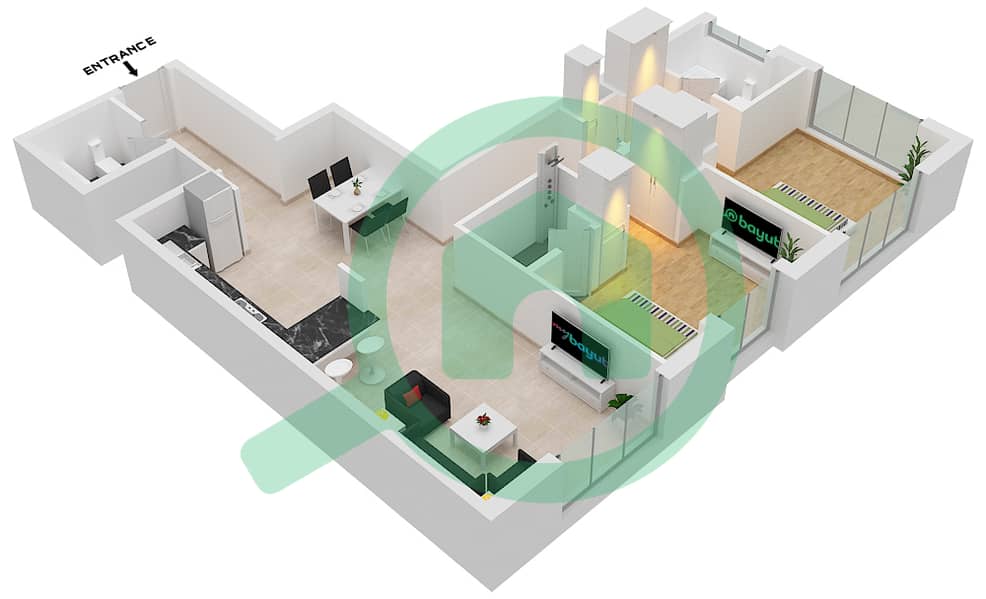 المخططات الطابقية لتصميم الوحدة 14 FLOOR 1 شقة 2 غرفة نوم - البرج الاسباني Floor 1 interactive3D