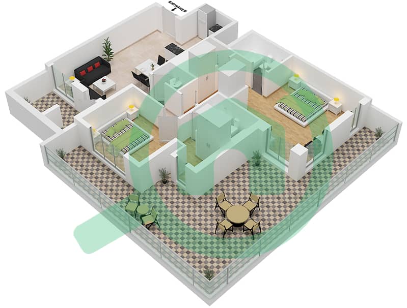 المخططات الطابقية لتصميم الوحدة 6 FLOOR 3 شقة 2 غرفة نوم - البرج الاسباني Floor 3 interactive3D