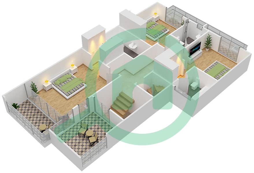 Аль Буруж Резиденс I - Таунхаус 3 Cпальни планировка Тип 1 First Floor interactive3D