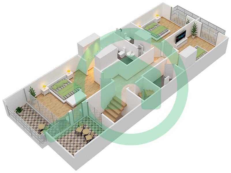 Al Burooj Residence I - 3 Bedroom Townhouse Type 2 Floor plan First Floor interactive3D