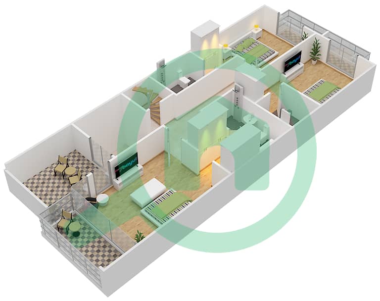 Al Burooj Residence I - 3 Bedroom Townhouse Type 3 Floor plan First Floor interactive3D