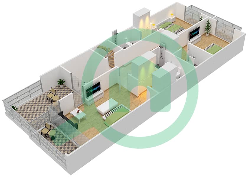 المخططات الطابقية لتصميم النموذج 4 تاون هاوس 3 غرف نوم - شارع الخليج العربي First Floor interactive3D