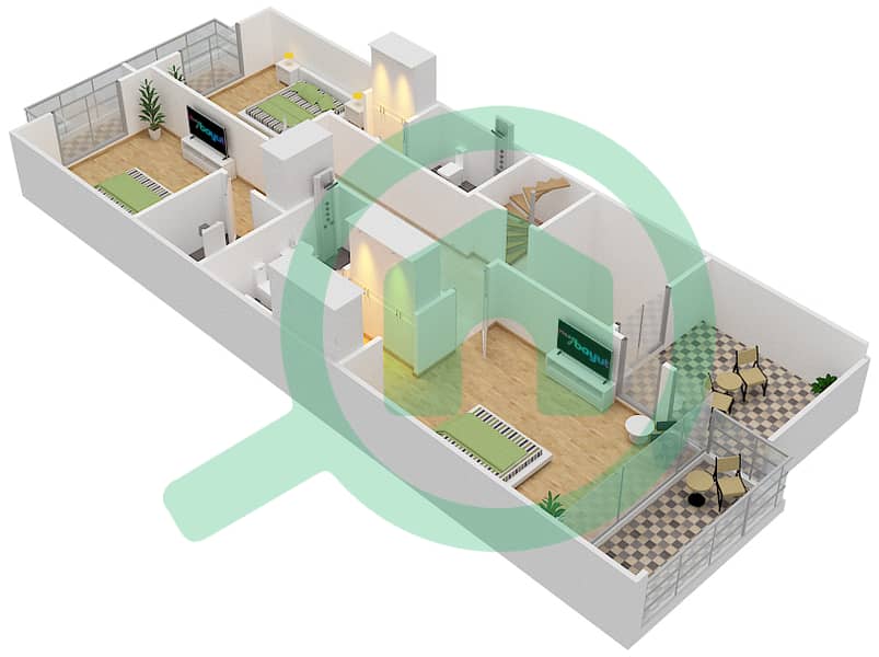 Al Burooj Residence I - 3 Bedroom Townhouse Type 5 Floor plan First Floor interactive3D