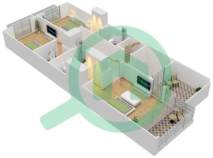 Al Burooj Residence I - 3 Bedroom Townhouse Type 6 Floor plan First Floor interactive3D