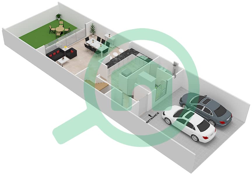 Al Burooj Residence I - 3 Bedroom Townhouse Type 7 Floor plan Ground Floor interactive3D