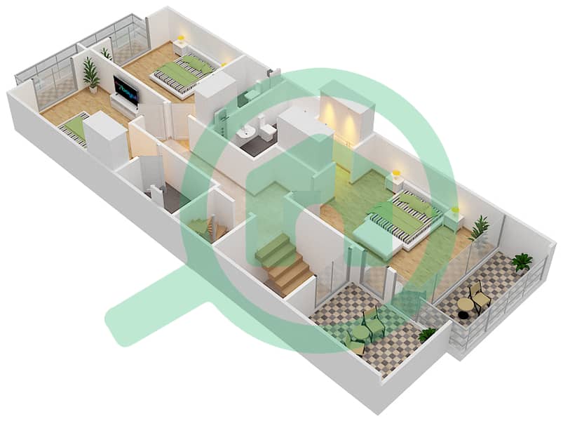 Al Burooj Residence I - 3 Bedroom Townhouse Type 7 Floor plan First Floor interactive3D