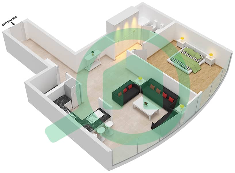湖滨大厦 - 1 卧室公寓类型B戶型图 interactive3D