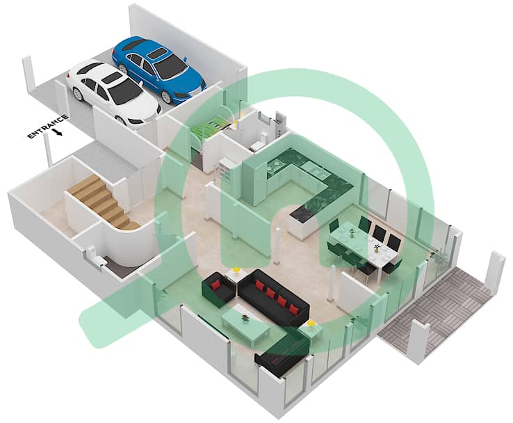 Дистрикт 9J - Вилла 2 Cпальни планировка Тип 1 Ground Floor interactive3D