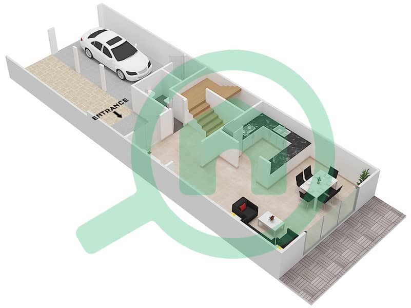 المخططات الطابقية لتصميم النموذج 3 تاون هاوس 1 غرفة نوم - الضاحية 9J Ground Floor interactive3D