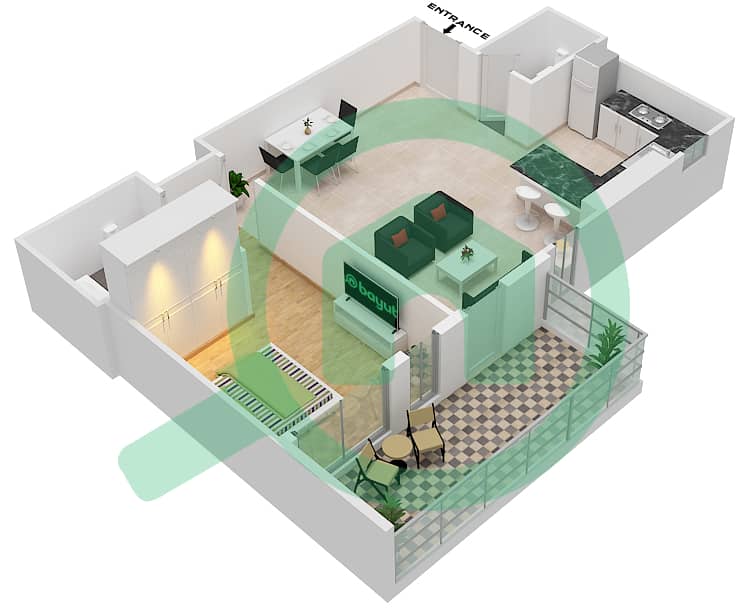 المخططات الطابقية لتصميم النموذج 1 شقة 1 غرفة نوم - مساكن مورانو interactive3D