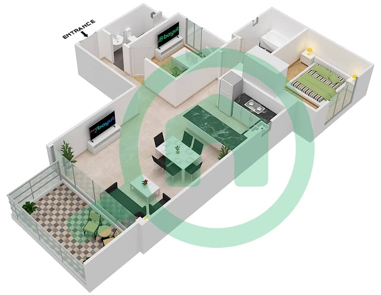 المخططات الطابقية لتصميم النموذج 4 شقة 1 غرفة نوم - مساكن مورانو interactive3D
