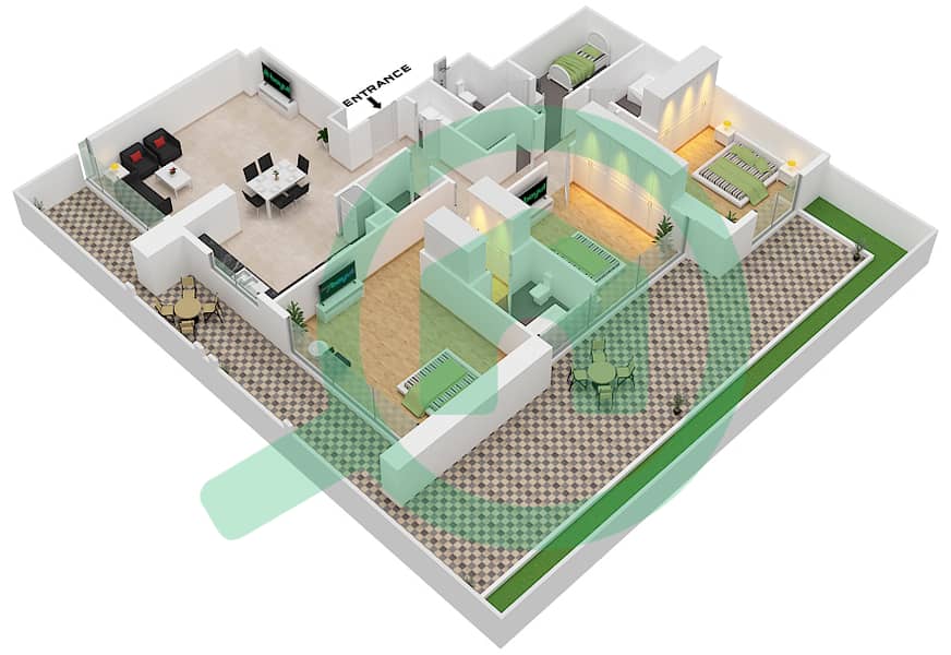 المخططات الطابقية لتصميم النموذج 2A شقة 3 غرف نوم - مساكن مورانو interactive3D