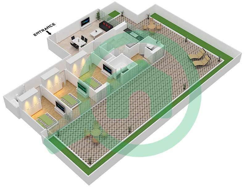 المخططات الطابقية لتصميم النموذج 10 شقة 3 غرف نوم - مساكن مورانو interactive3D