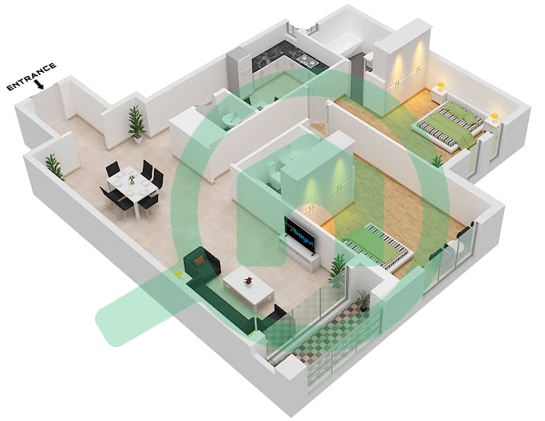 المخططات الطابقية لتصميم الوحدة 1 FLOOR 6-9 شقة 2 غرفة نوم - البرج الاسباني Floor 6-9 interactive3D