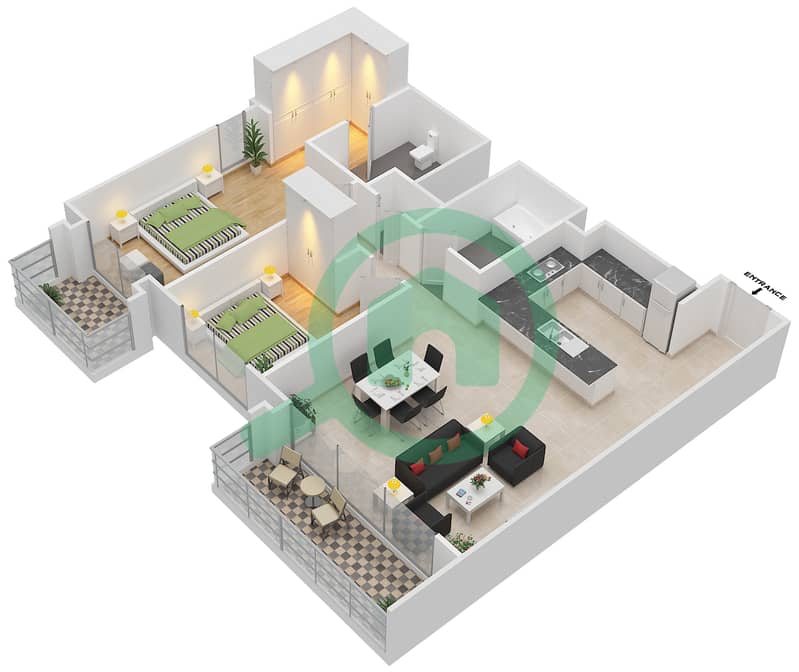 المخططات الطابقية لتصميم الوحدة 3 FLOOR 25-45 شقة 2 غرفة نوم - هاربور فيوز 2 Floor 25-45 interactive3D