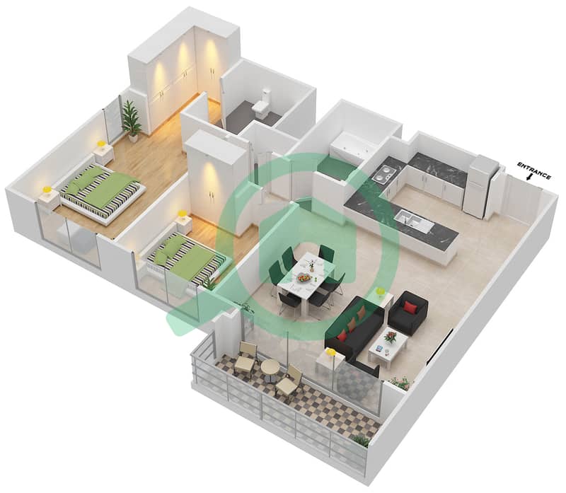 المخططات الطابقية لتصميم الوحدة 7 FLOOR 25-45 شقة 2 غرفة نوم - هاربور فيوز 2 Floor 25-45 interactive3D