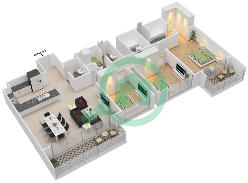 المخططات الطابقية لتصميم الوحدة 4 FLOOR 4-23 شقة 3 غرف نوم - هاربور فيوز 2 Floor 4-23 interactive3D