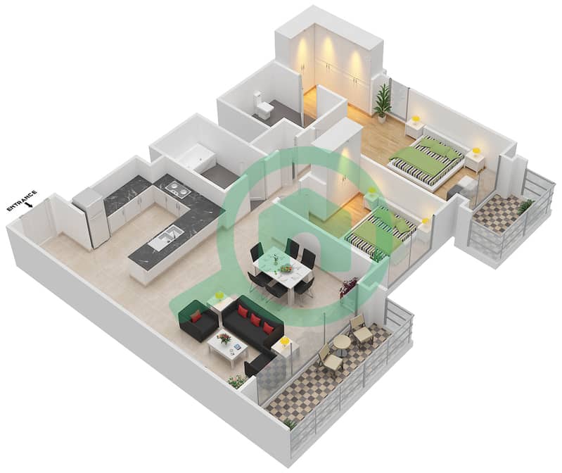 المخططات الطابقية لتصميم الوحدة 1 FLOOR25-45 شقة 2 غرفة نوم - هاربور فيوز 2 Floor 25-45 interactive3D