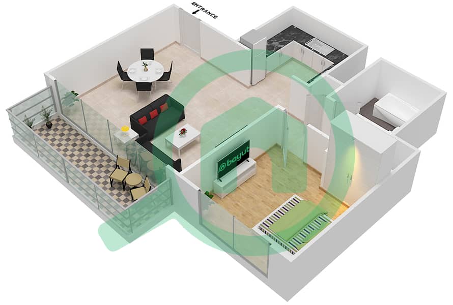 المخططات الطابقية لتصميم الوحدة 9 شقة 1 غرفة نوم - هاربور فيوز 2 Floor 4-23 interactive3D