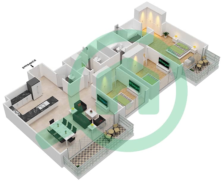 المخططات الطابقية لتصميم الوحدة 4 FLOOR 25-45 شقة 3 غرف نوم - هاربور فيوز 2 Floor 25-45 interactive3D