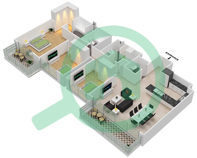 المخططات الطابقية لتصميم الوحدة 8 FLOOR 25-45 شقة 3 غرف نوم - هاربور فيوز 2 Floor 25-45 interactive3D
