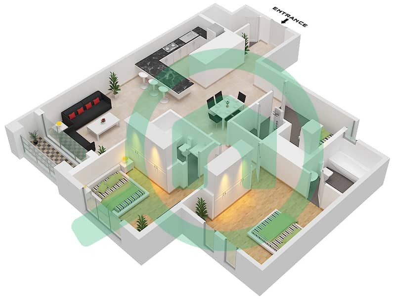 المخططات الطابقية لتصميم الوحدة 8 FLOOR 9 شقة 2 غرفة نوم - البرج الاسباني Floor 9 interactive3D
