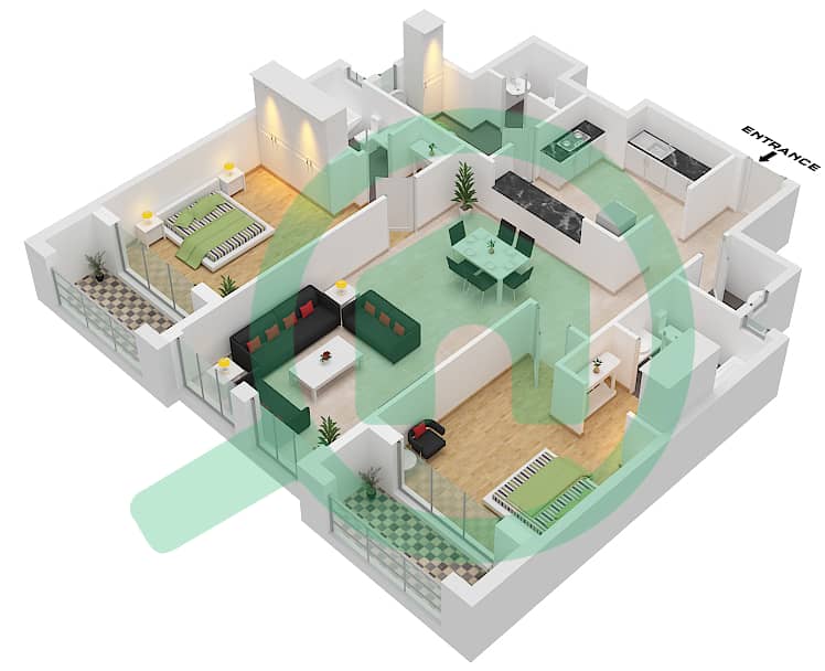 المخططات الطابقية لتصميم الوحدة 14 FLOOR 6-9 شقة 2 غرفة نوم - البرج الاسباني Floor 6-9 interactive3D