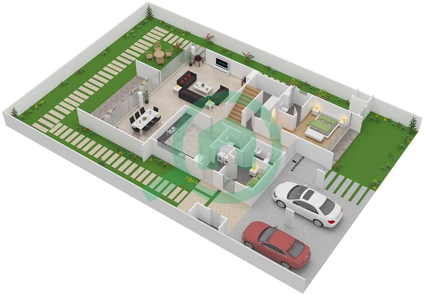 المخططات الطابقية لتصميم النموذج 3 تاون هاوس 4 غرف نوم - فيلات فينيتو Ground Floor interactive3D