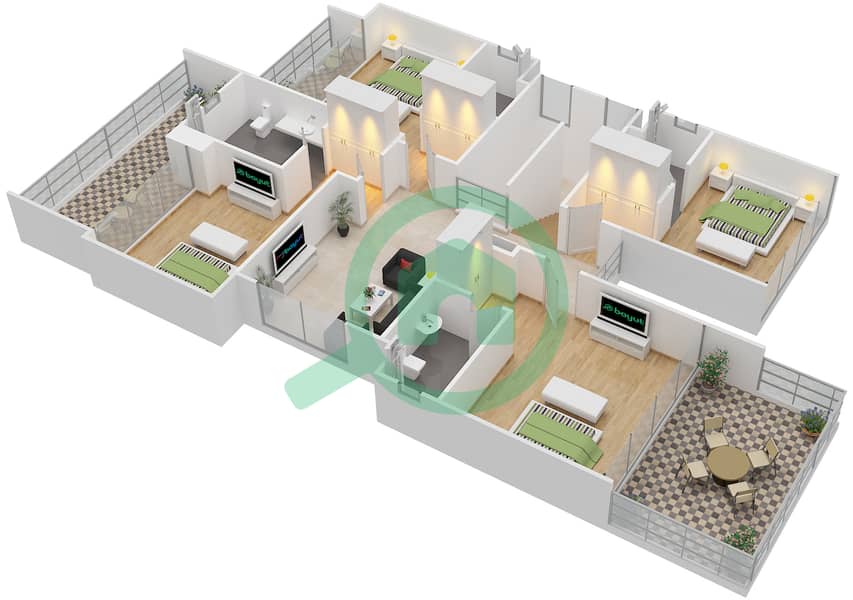 المخططات الطابقية لتصميم النموذج 3 تاون هاوس 4 غرف نوم - فيلات فينيتو First Floor interactive3D