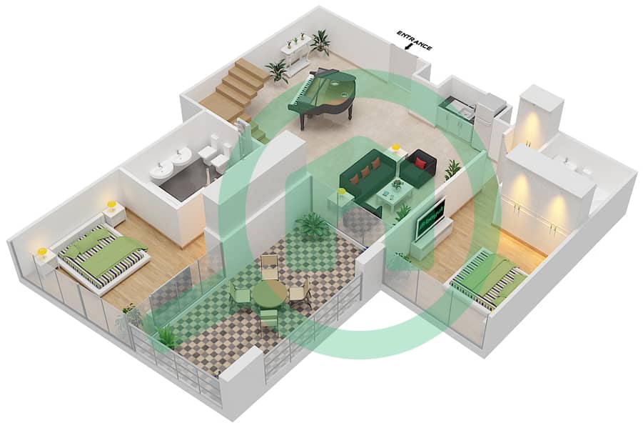 المخططات الطابقية لتصميم النموذج B تاون هاوس 3 غرف نوم - بلوم سنترال Lower Floor interactive3D