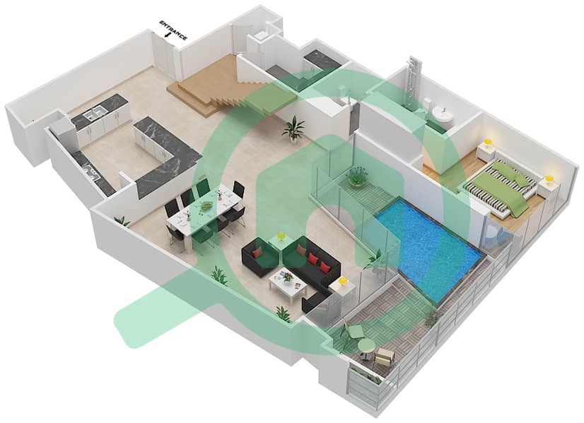 布鲁姆中心 - 3 卧室联排别墅类型D戶型图 Lower Floor interactive3D