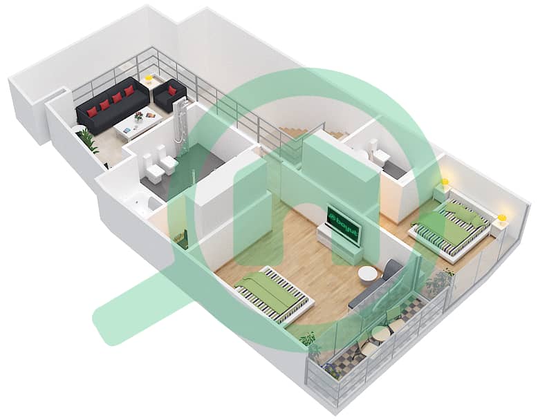 المخططات الطابقية لتصميم النموذج D تاون هاوس 3 غرف نوم - بلوم سنترال Upper Floor interactive3D