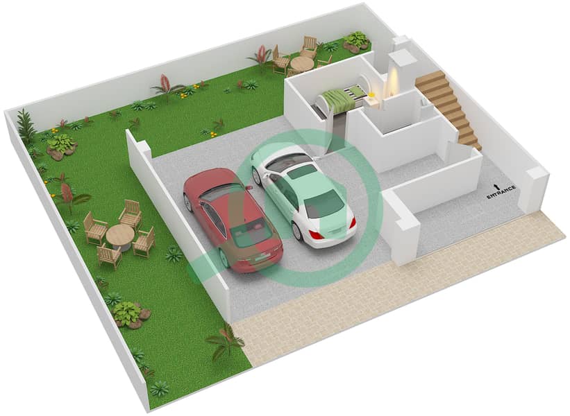 المخططات الطابقية لتصميم النموذج 3-EM تاون هاوس 3 غرف نوم - فيلات فينيتو Ground Floor interactive3D