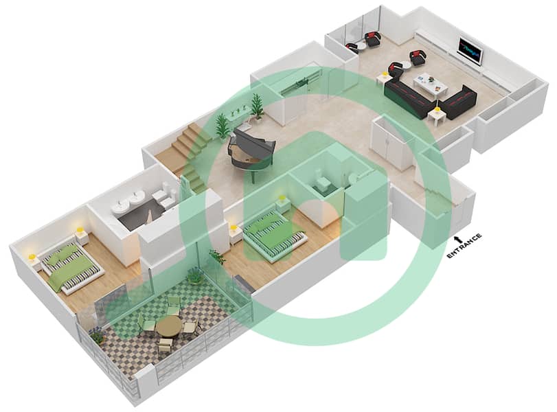 المخططات الطابقية لتصميم النموذج C تاون هاوس 3 غرف نوم - بلوم سنترال Lower Floor interactive3D