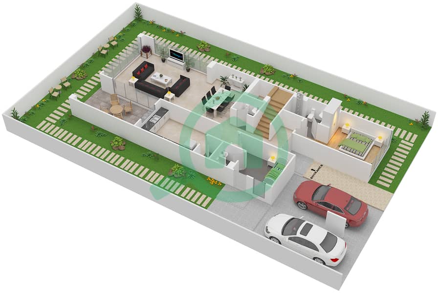 المخططات الطابقية لتصميم النموذج 2 تاون هاوس 5 غرف نوم - فيلات فينيتو Ground Floor interactive3D