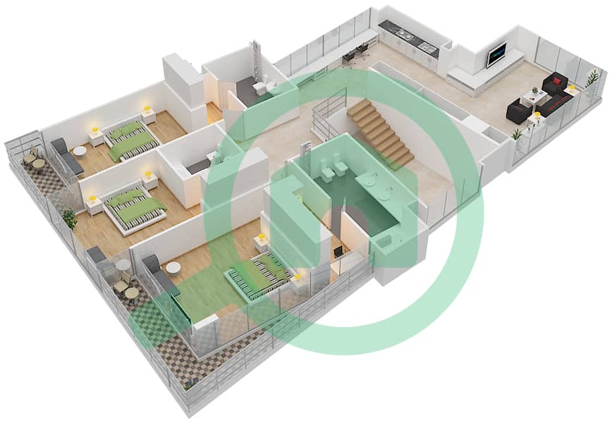 المخططات الطابقية لتصميم النموذج E تاون هاوس 4 غرف نوم - بلوم سنترال Upper Floor interactive3D