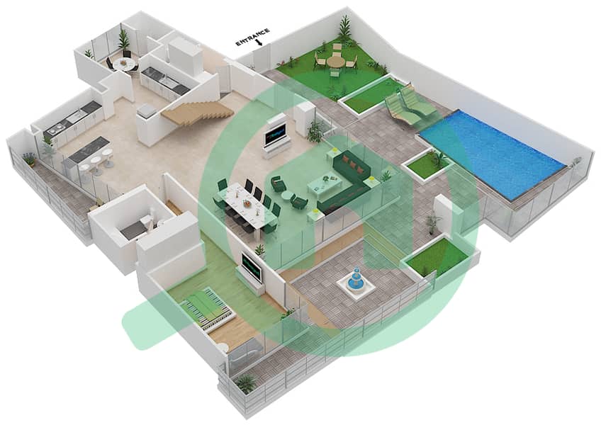 المخططات الطابقية لتصميم النموذج F تاون هاوس 4 غرف نوم - بلوم سنترال Lower Floor interactive3D