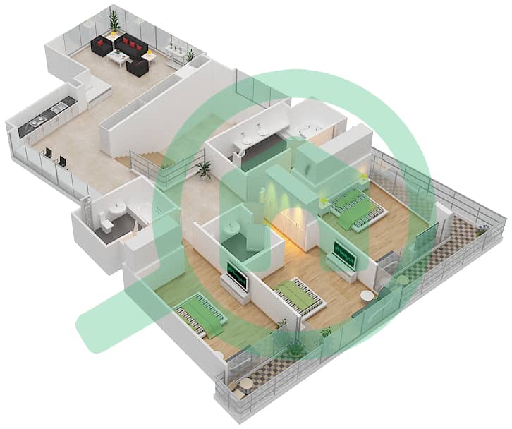 Блум Централ - Таунхаус 4 Cпальни планировка Тип F Upper Floor interactive3D