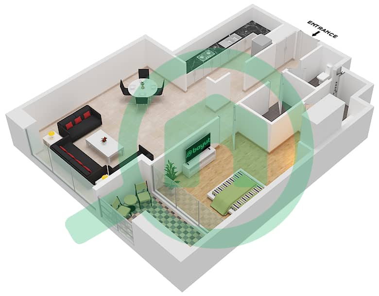 المخططات الطابقية لتصميم النموذج 2 شقة 1 غرفة نوم - برج سابا 3 interactive3D