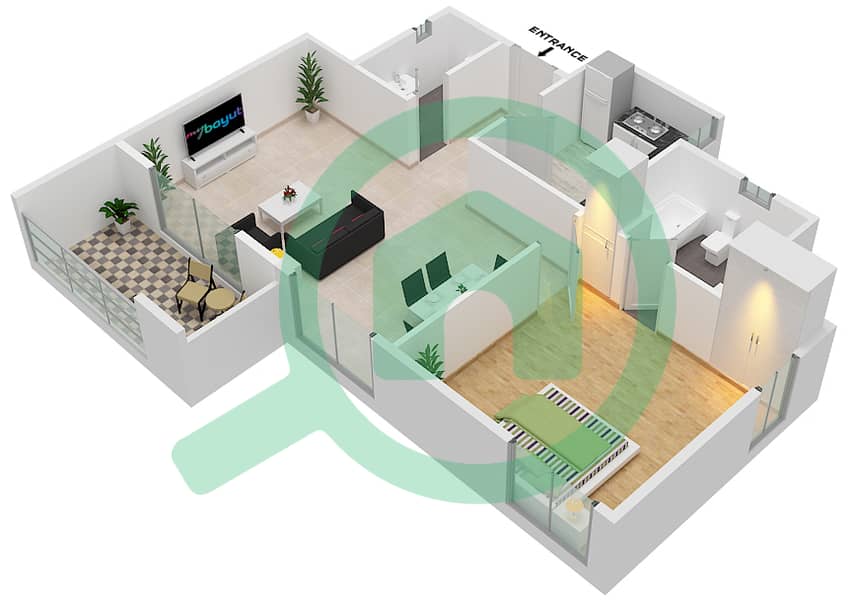 Al Ramth 01 - 1 Bedroom Apartment Type L Floor plan interactive3D