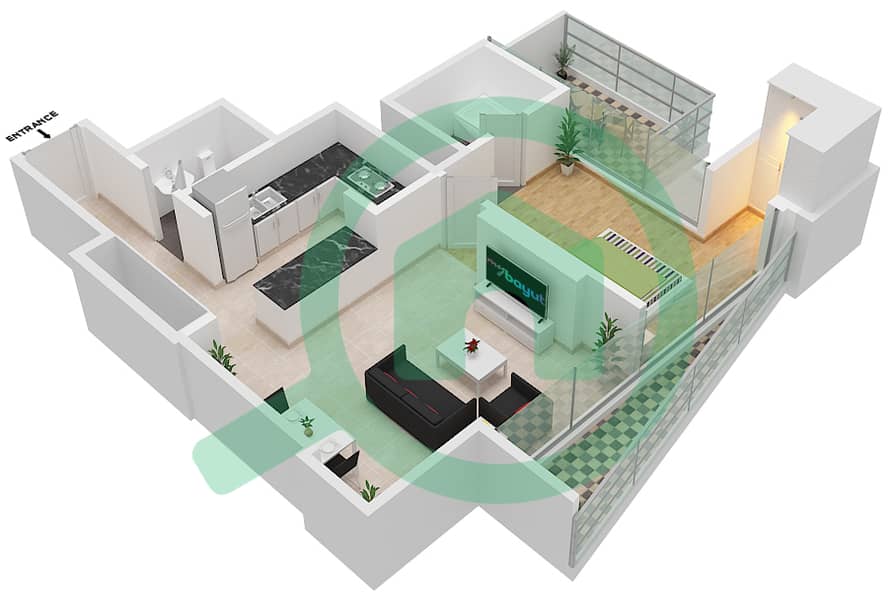 المخططات الطابقية لتصميم النموذج / الوحدة 1/A1 شقة 1 غرفة نوم - برج سبيريت Floor 10 interactive3D