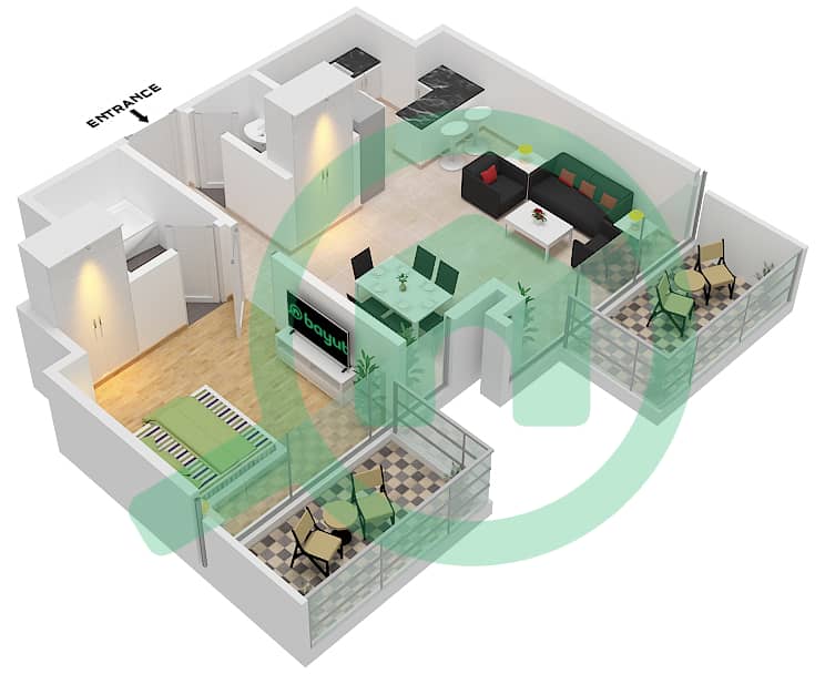 المخططات الطابقية لتصميم النموذج / الوحدة A/2 شقة 1 غرفة نوم - برج سبيريت Floor 10 interactive3D