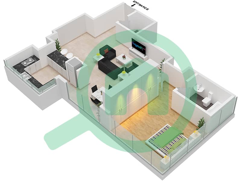 المخططات الطابقية لتصميم النموذج / الوحدة A/11 شقة 1 غرفة نوم - برج سبيريت Floor 10 interactive3D