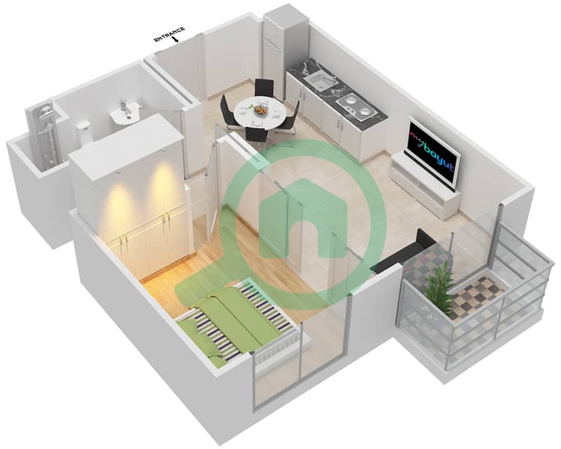 المخططات الطابقية لتصميم الوحدة 13 شقة 1 غرفة نوم - كولكتيف Floor 2-6 interactive3D