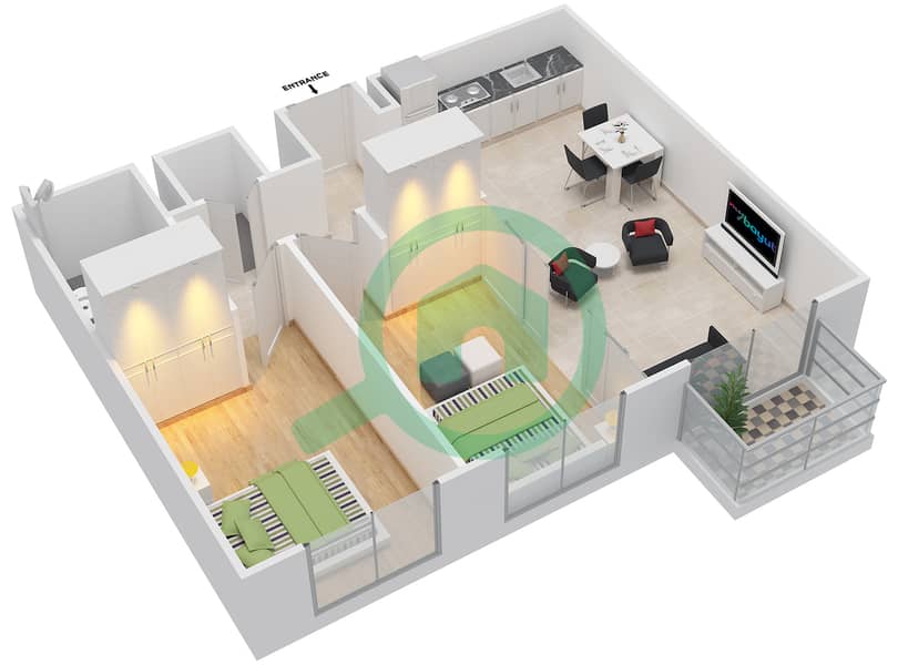 大众公寓 - 2 卧室公寓单位11戶型图 Floor 2-6 interactive3D