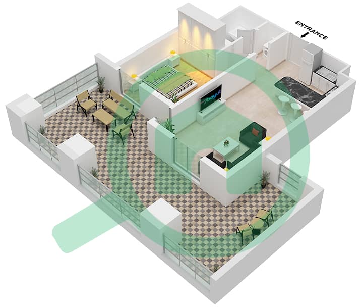 阿尔塔姆22号楼 - 1 卧室公寓类型／单位A/108戶型图 interactive3D
