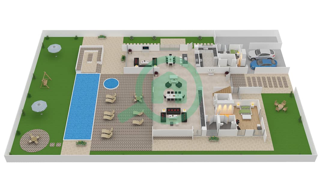 المخططات الطابقية لتصميم النموذج B2 فیلا 6 غرف نوم - باركوايز Ground Floor interactive3D