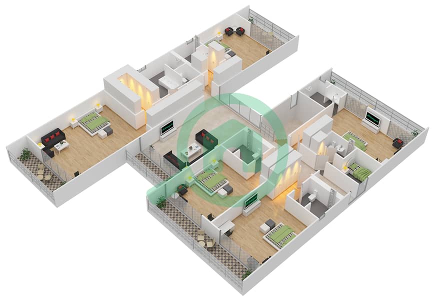 المخططات الطابقية لتصميم النموذج B2 فیلا 6 غرف نوم - باركوايز First Floor interactive3D