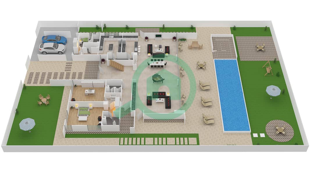 المخططات الطابقية لتصميم النموذج B1 فیلا 6 غرف نوم - باركوايز Ground Floor interactive3D